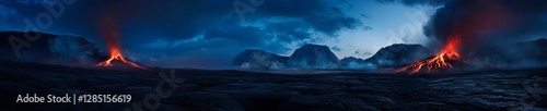 Dramatic volcanic eruption illuminates the night sky with molten lava flowing across a desolate landscape.