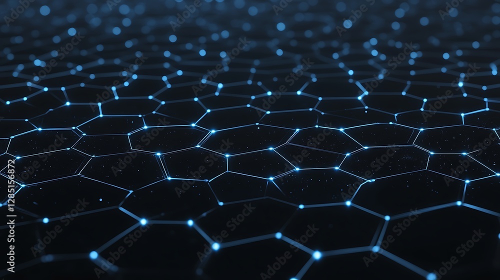 Fototapeta premium Digital representation of interconnected hexagonal shapes with glowing blue accents on a dark background.