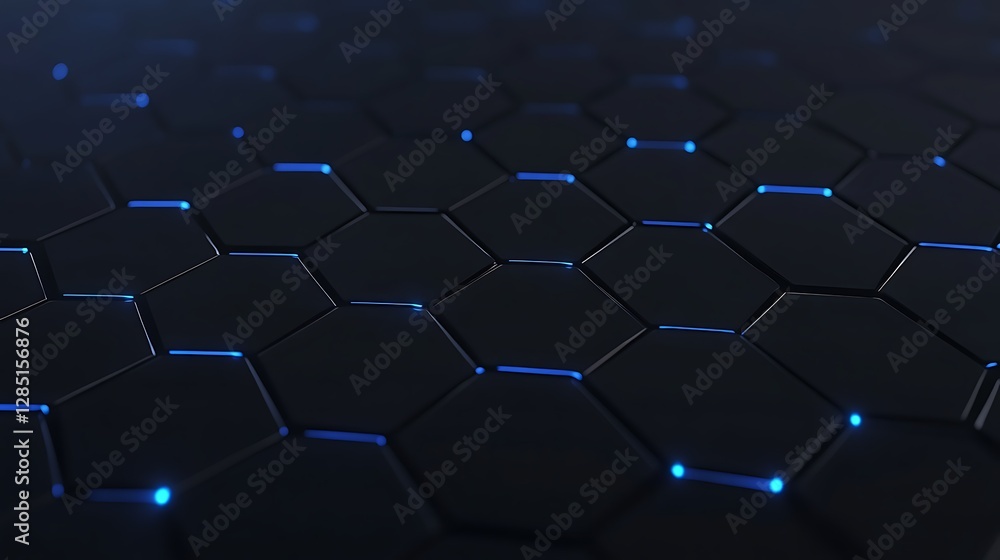 Naklejka premium Dark hexagonal pattern with glowing blue accents, creating a futuristic tech aesthetic.