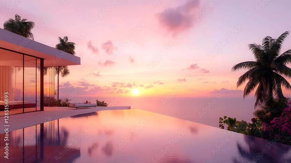 Serene sunset view over infinity pool luxury villa seaside tranquil atmosphere aesthetic bliss Serene sunset view over infinity pool luxury villa seaside tranquil atmosphere aesthetic bliss