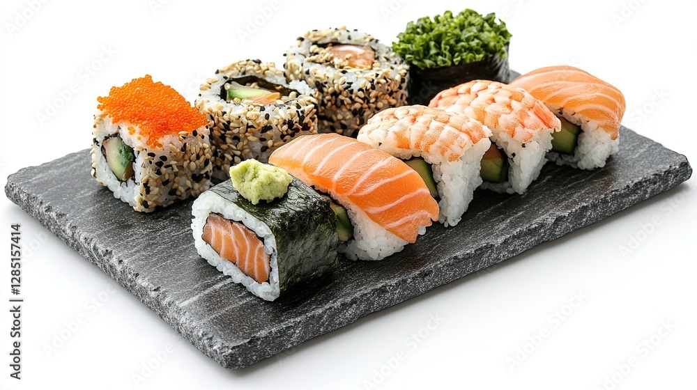 Delicious sushi platter showcasing fresh rolls with vibrant ingredients. Delicious sushi platter showcasing fresh rolls with vibrant ingredients.