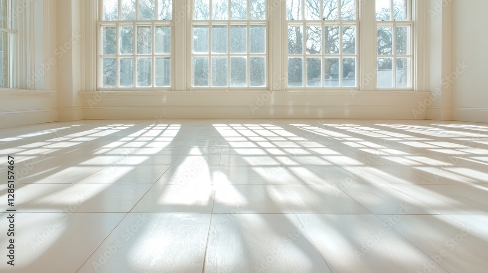 Fototapeta premium Sunlit White Floor Large Windows Interior Design Mockup