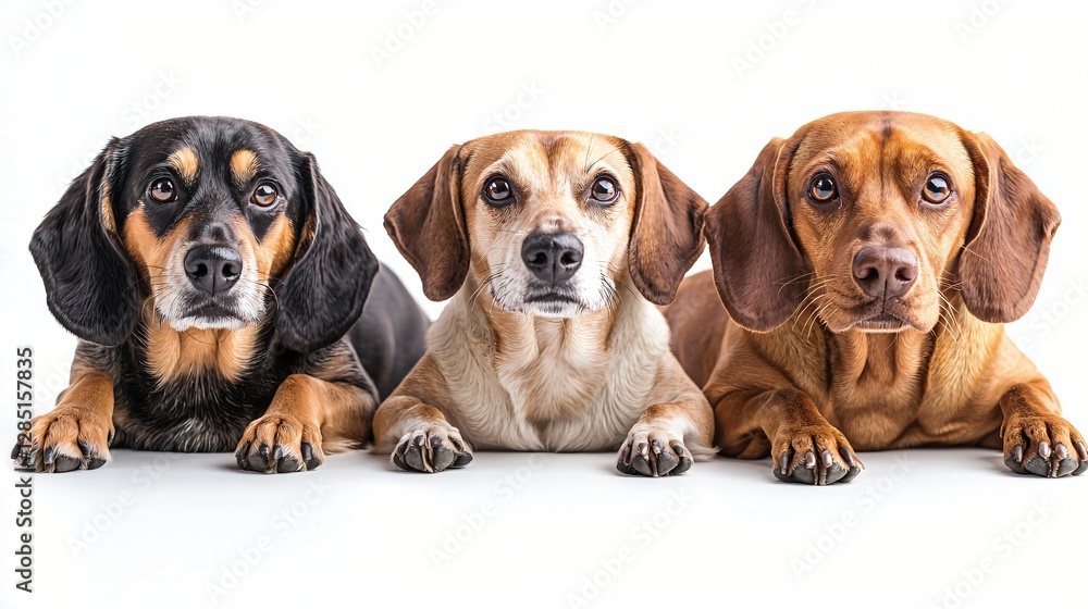 Three Dachshunds posing, studio shot, white background, pet photography Three Dachshunds posing, studio shot, white background, pet photography