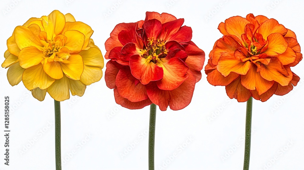 Obraz premium Three marigolds, yellow, orange, red, white background, floral design