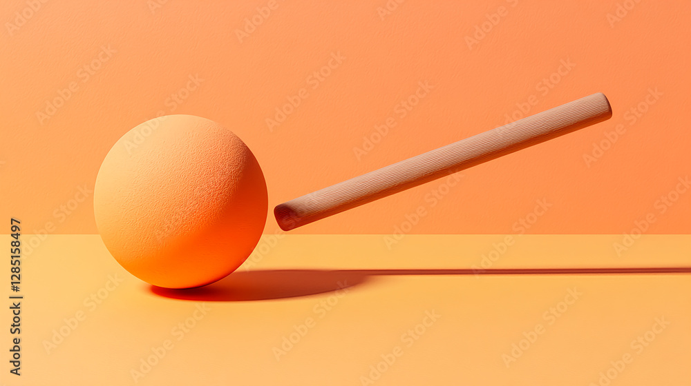 Dynamic motion of orange ball rolling with stick studio setting abstract art minimalist viewpoint creative concept Dynamic motion of orange ball rolling with stick studio setting abstract art minimalist viewpoint creative concept