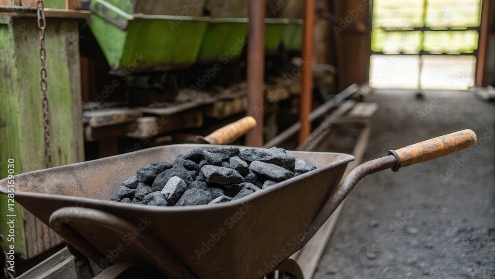 Wheelbarrow Loaded with Coal in Rustic Industrial Setting Wheelbarrow Loaded with Coal in Rustic Industrial Setting