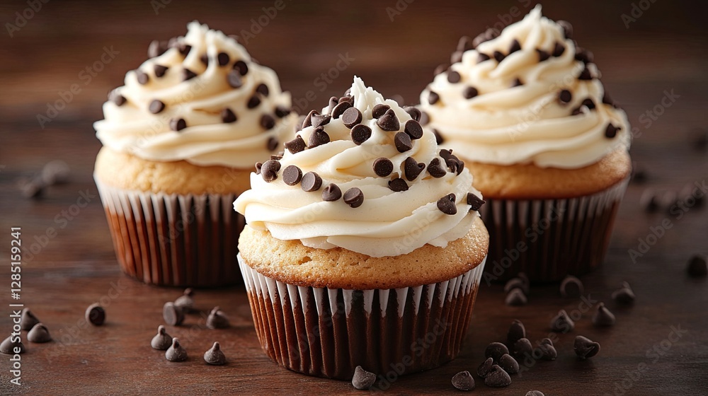 Delicious Vanilla Cupcakes Topped with Creamy Frosting and Sprinkled with Chocolate Chips for a Sweet Treat Delicious Vanilla Cupcakes Topped with Creamy Frosting and Sprinkled with Chocolate Chips for a Sweet Treat
