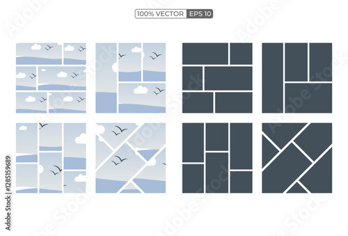 Photo collage template. Vector. Mood board. Set of picture grids. Blank moodboard background. Mosaic frame banner.  mockup design template
