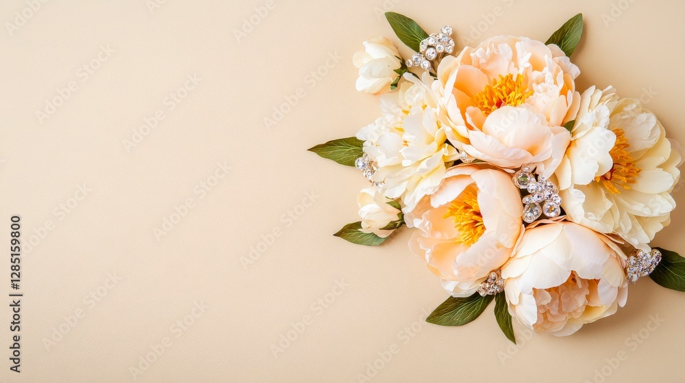Fototapeta premium Elegant Peach Peonies Floral Arrangement on Neutral Background for Wedding Invitations or Spring Celebrations.