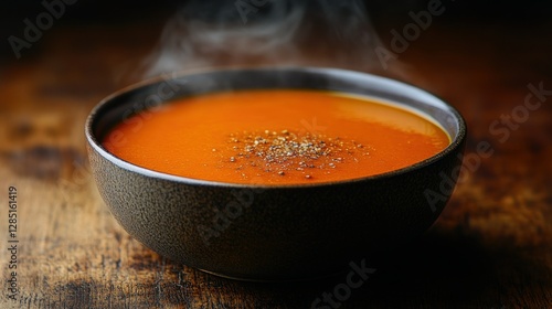 Steaming bowl of hot orange soup on wooden table photo