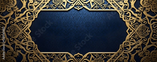 Intricate gold ornate pattern frames a deep blue background