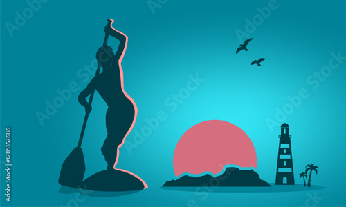 Illustration of woman posing with surf board. Landscape with mountains and sunrise