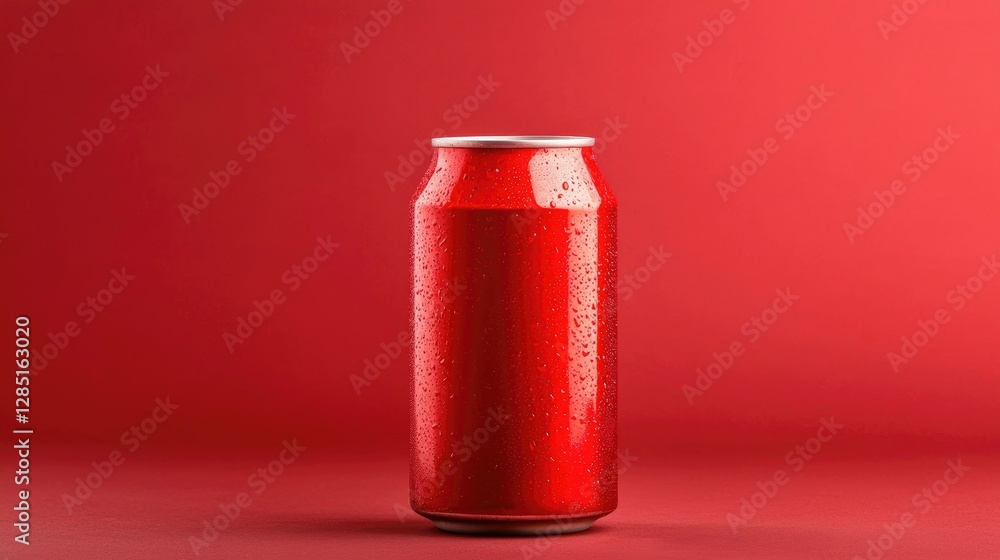Red aluminum can, condensation, red background, studio shot, product packaging Red aluminum can, condensation, red background, studio shot, product packaging