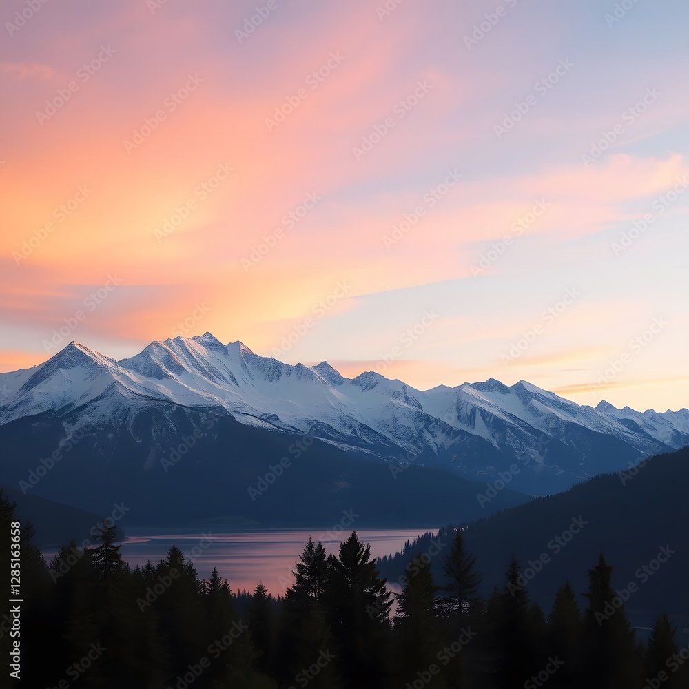 Obraz premium A serene sunrise illuminating snow-covered mountain peaks and a calm lake, reflecting the soft pink and orange hues of the sky, surrounded by lush evergreen forests.