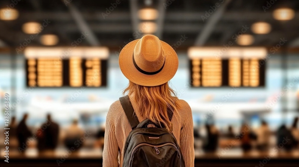 Woman Traveler Waiting at Airport Departure Board Woman Traveler Waiting at Airport Departure Board