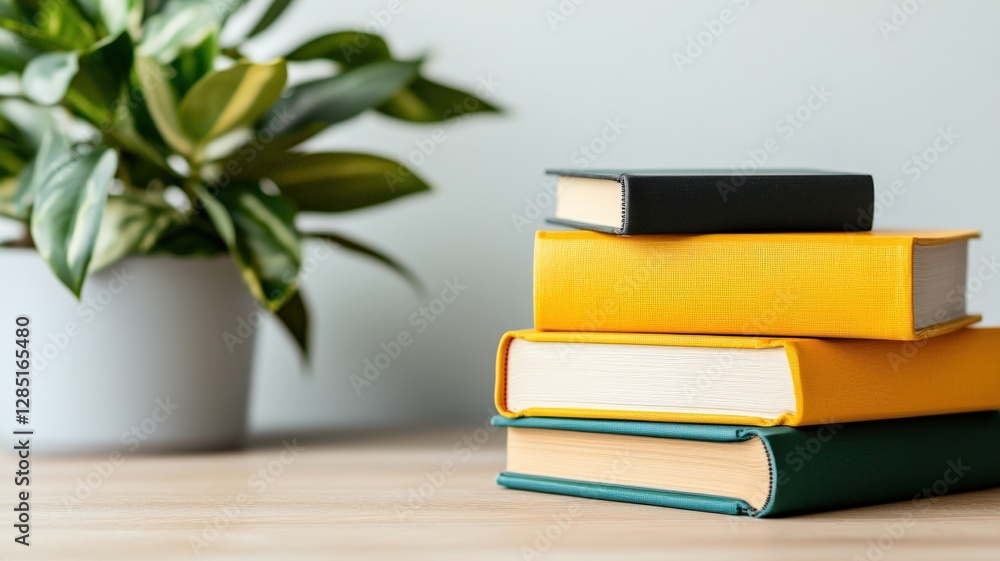 A stack of colorful books sits on a wooden table beside a vibrant green plant in a modern, minimalist setting. A stack of colorful books sits on a wooden table beside a vibrant green plant in a modern, minimalist setting.