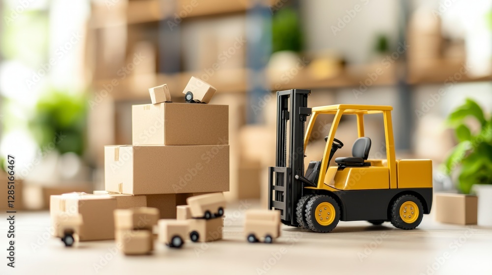 Naklejka premium Warehouse Automation Forklift Robots Cardboard Boxes Logistics Efficiency Supply Cha