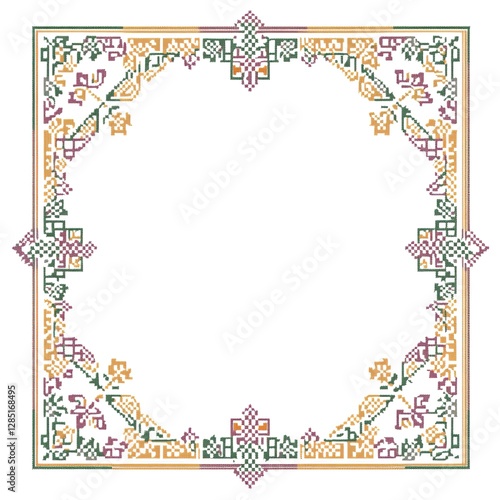 A rectangular frame with an Arabic pattern in the corners, illustration on white background, digital art made by Goden Love for cross stitch and embroidery design , featuring geometric patterns