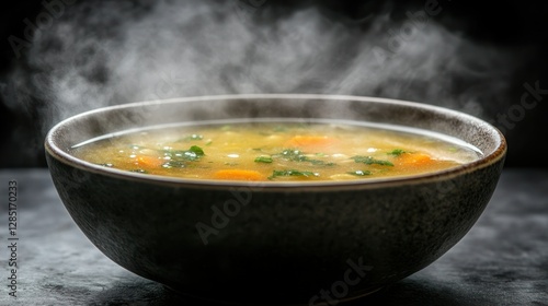 Steaming soup bowl on dark surface with steam and vegetables. Use for cookbook, restaurant, or food blog photo