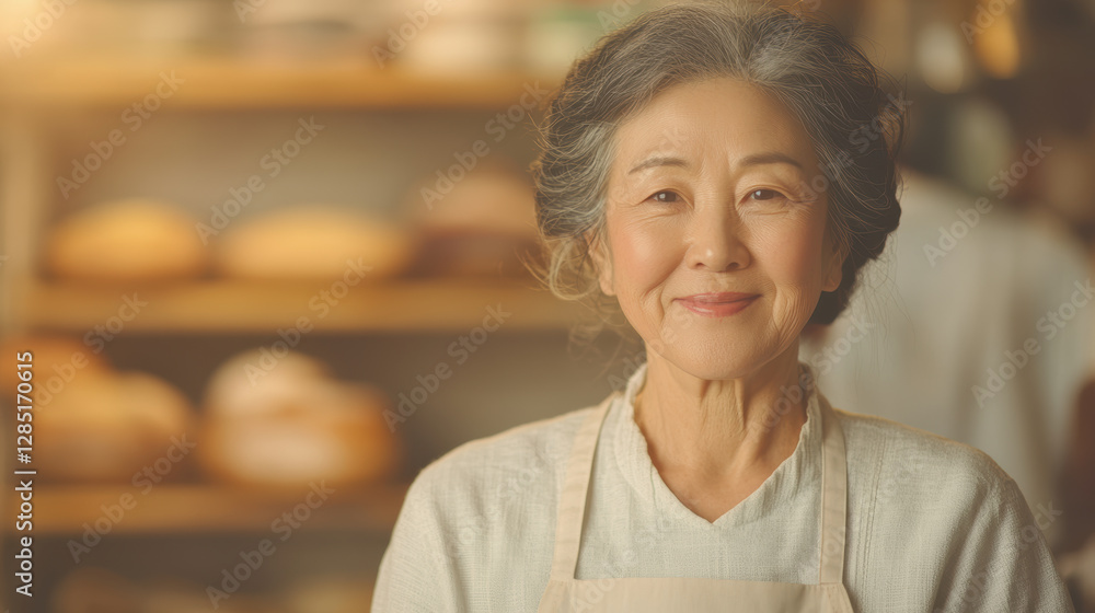 Elderly Asian Female Baker Smiling in Artisan Bakery with Fresh Bread Display Elderly Asian Female Baker Smiling in Artisan Bakery with Fresh Bread Display