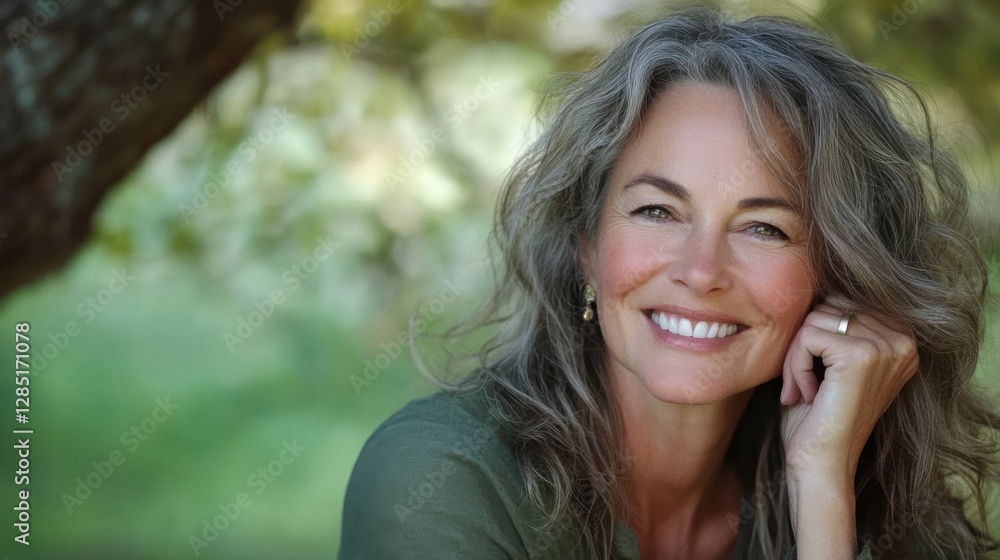 Mature woman smiling confidently, making direct eye contact with the camera. Mature woman smiling confidently, making direct eye contact with the camera.