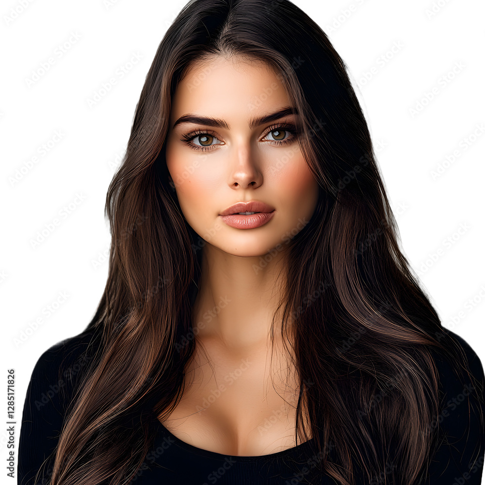 portrait of a beautiful female model with long brunette hair, cut out on a transparent background portrait of a beautiful female model with long brunette hair, cut out on a transparent background