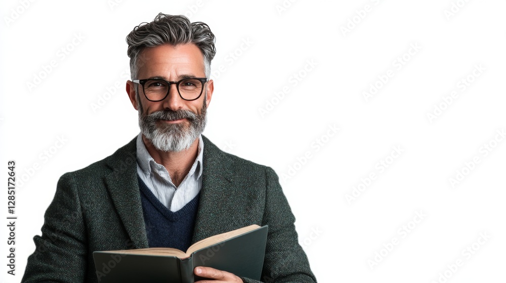 Teacher holding a book, smiling warmly, looking inviting and enthusiastic, isolated on a white background Teacher holding a book, smiling warmly, looking inviting and enthusiastic, isolated on a white background
