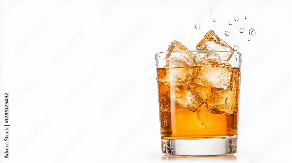 Amber Liquid with Ice Cubes Splashing in Rocks Glass on White Amber Liquid with Ice Cubes Splashing in Rocks Glass on White