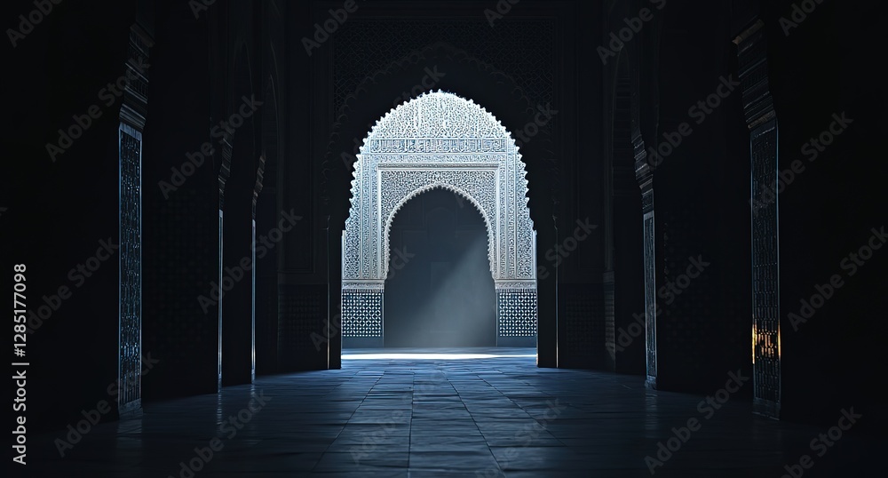 Fototapeta premium A photograph of an Islamic archway in the dark, with light shining through from the interior. The arch is constructed of white and black mosaics that form geometric patterns.