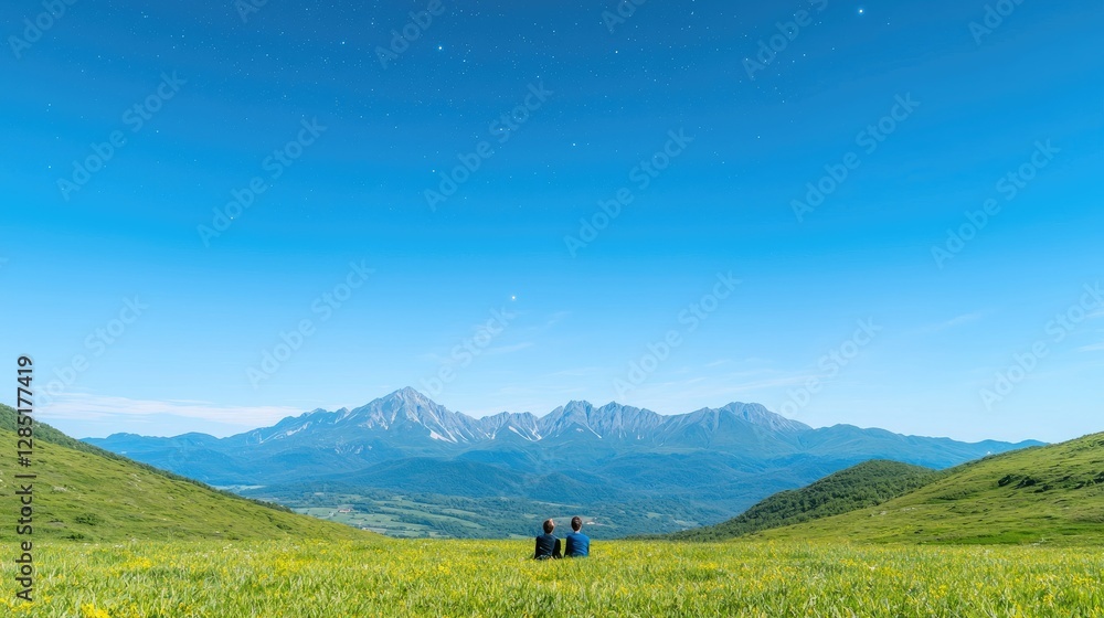 Couple sitting on a meadow, gazing at the mountains under a starry sky. Scenic view. Stock photo Couple sitting on a meadow, gazing at the mountains under a starry sky. Scenic view. Stock photo