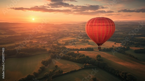 A Red Hot Air Balloon Flies Over A Green Scenic Landscape