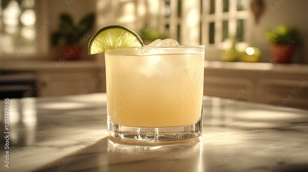 Sunny Kitchen Cocktail, lime garnish, ice, bright interior Sunny Kitchen Cocktail, lime garnish, ice, bright interior