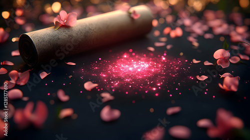 Ancient scroll, magic sparkles, flower petals, dark surface