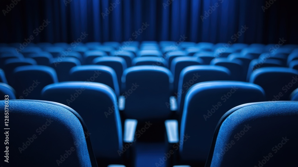 Obraz premium Empty Theater Seating in Blue Lighting with Dark Curtain Background