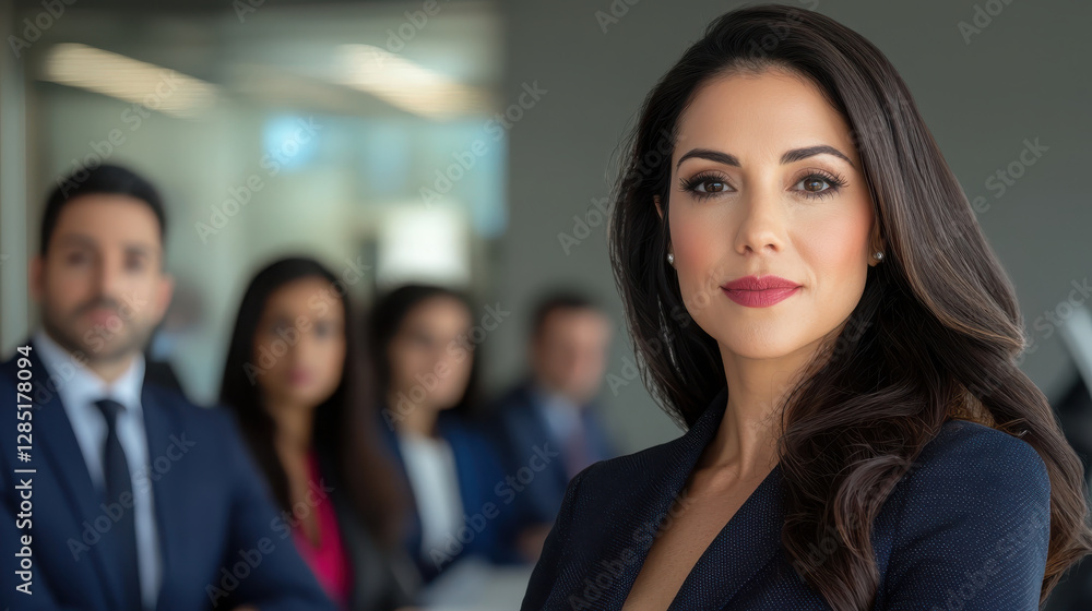 confident businesswoman in professional attire stands in front of group of colleagues, exuding leadership and determination confident businesswoman in professional attire stands in front of group of colleagues, exuding leadership and determination