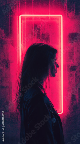 side profile woman leather coat pink neon rectangle at night distressed grunge wall cyberpunk science-fiction futuristic urban cyber city book cover design social media post vertical mobile wallpaper