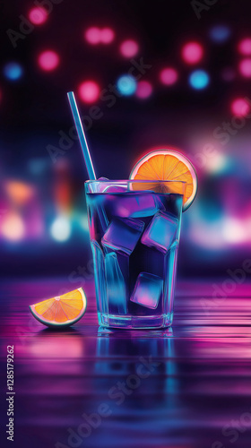 neon cocktail with lemon slice on bar blurry defocused background social media post vertical mobile wallpaper format backdrop