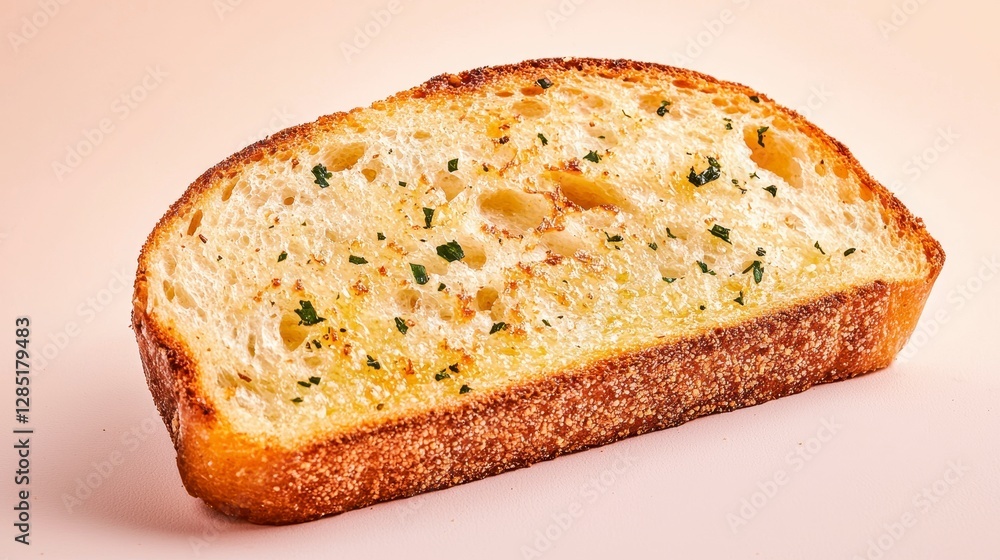Close-up of a perfectly toasted slice of garlic bread, showcasing its golden crust, rustic texture. Close-up of a perfectly toasted slice of garlic bread, showcasing its golden crust, rustic texture.