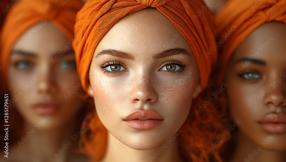 Three Individuals in Vibrant Orange Turbans Against a Warm Muted Background Three Individuals in Vibrant Orange Turbans Against a Warm Muted Background