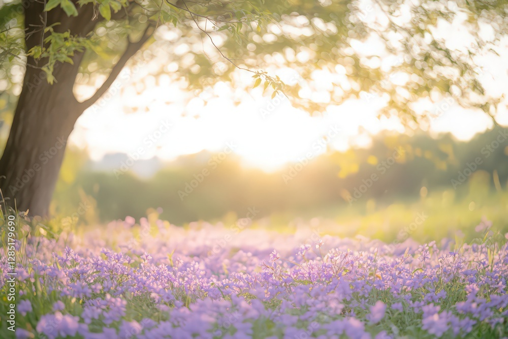 Obraz premium Serene Sunset Landscape with Purple Wildflowers and Tree