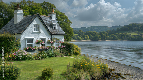 Charming cottage by river, sunny day