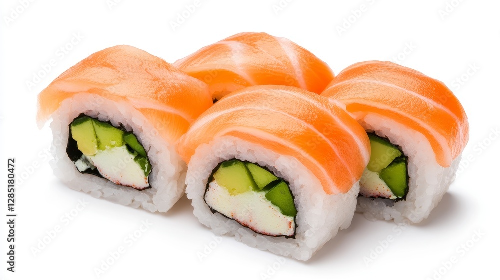 Close-up of Four Salmon Avocado Sushi Rolls: A Culinary Delight, Fresh Seafood, Vibrant Colors, and Creamy Texture. Close-up of Four Salmon Avocado Sushi Rolls: A Culinary Delight, Fresh Seafood, Vibrant Colors, and Creamy Texture.