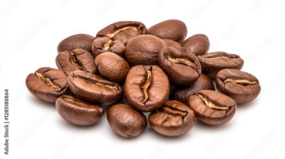 Close-up of Aromatic Roasted Coffee Beans: Rich Brown Hues and Intricate Textures Against a Clean White Background Close-up of Aromatic Roasted Coffee Beans: Rich Brown Hues and Intricate Textures Against a Clean White Background