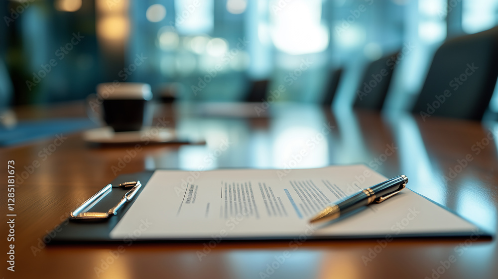 Wooden meeting table with contracts, pens, and coffee, creating a formal signing atmosphere with a blurred business background. Perfect for showcasing business meetings, professionalism Wooden meeting table with contracts, pens, and coffee, creating a formal signing atmosphere with a blurred business background. Perfect for showcasing business meetings, professionalism