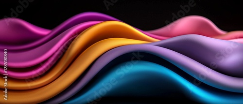 Elegant Multicolored Waves of Silk Fabric Texture in Motion Against a Dark Backdrop of Undulating Color Swirls
