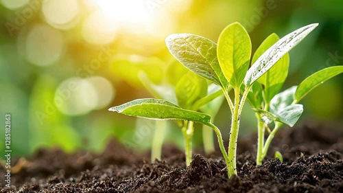 Young seedlings emerging from rich soil in sunlight