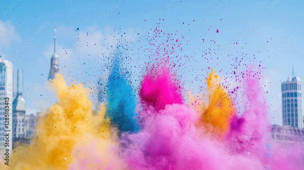 Obraz premium Colorful powder explosion during outdoor festival with vibrant hues of blue, pink, yellow, and orange against a clear urban skyline backdrop