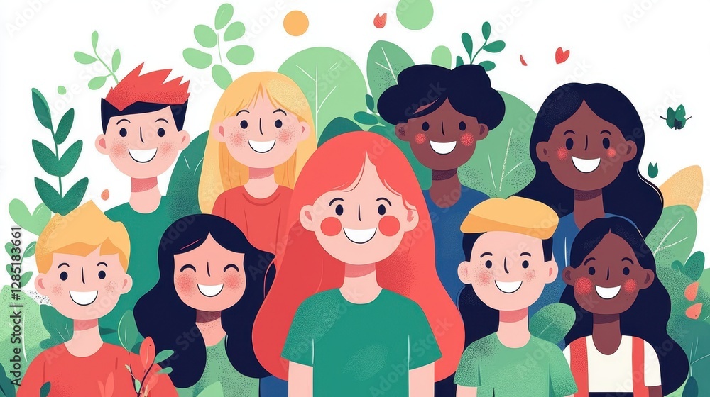 Cheerful group of diverse children with smiles surrounded by greenery in a colorful illustration depicting friendship and joy in nature Cheerful group of diverse children with smiles surrounded by greenery in a colorful illustration depicting friendship and joy in nature