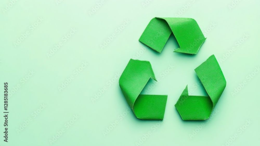 Green Recycling Symbol Made with Fabric on Light Green Background Green Recycling Symbol Made with Fabric on Light Green Background