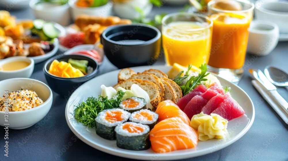 Freshly Prepared Breakfast with Colorful Sushi and Fruits, Featuring Vibrant Juices and an Array of Delicious Dishes for a Perfect Morning Meal Freshly Prepared Breakfast with Colorful Sushi and Fruits, Featuring Vibrant Juices and an Array of Delicious Dishes for a Perfect Morning Meal
